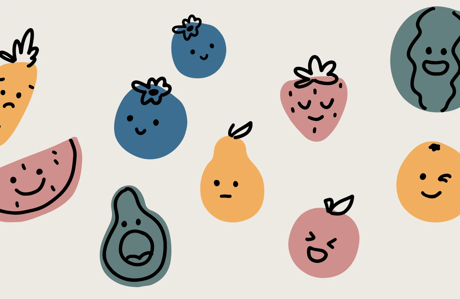 Family Dietitians brand pattern of hand-drawn smiling fruit characters, including blueberries, a strawberry, a pear, an orange, an avocado and watermelon, in soft blue, coral, orange and sage on a warm cream background